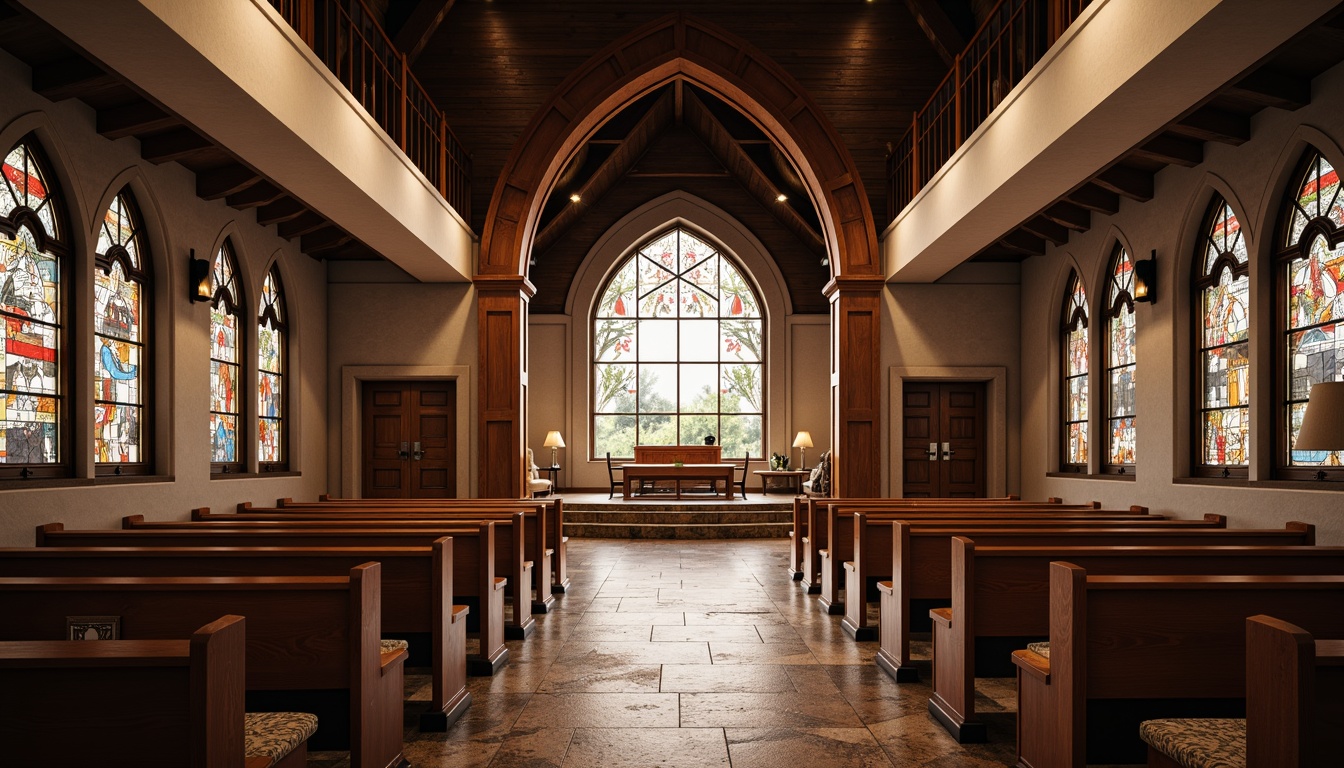 Prompt: Contemporary church interior, minimalist altar, warm wooden pews, soft cushioning, natural stone flooring, rustic wood accents, vaulted ceilings, stained glass windows, subtle lighting, ambient glow, eerie shadows, dramatic archways, ornate details, intricate carvings, rich textiles, plush upholstery, vibrant colors, geometric patterns, 3D architectural elements, dynamic spatial layout, realistic materials, high-contrast rendering, cinematic atmosphere.