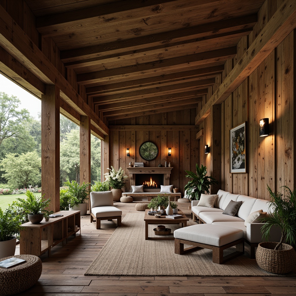 Prompt: Rustic farmhouse, wooden accents, reclaimed barn wood, distressed finishes, vintage decor, earthy tones, natural textiles, woven baskets, potted greenery, wooden beams, exposed ceiling, cozy nooks, comfortable seating, warm candlelight, soft warm lighting, shallow depth of field, 2/3 composition, realistic textures, ambient occlusion.