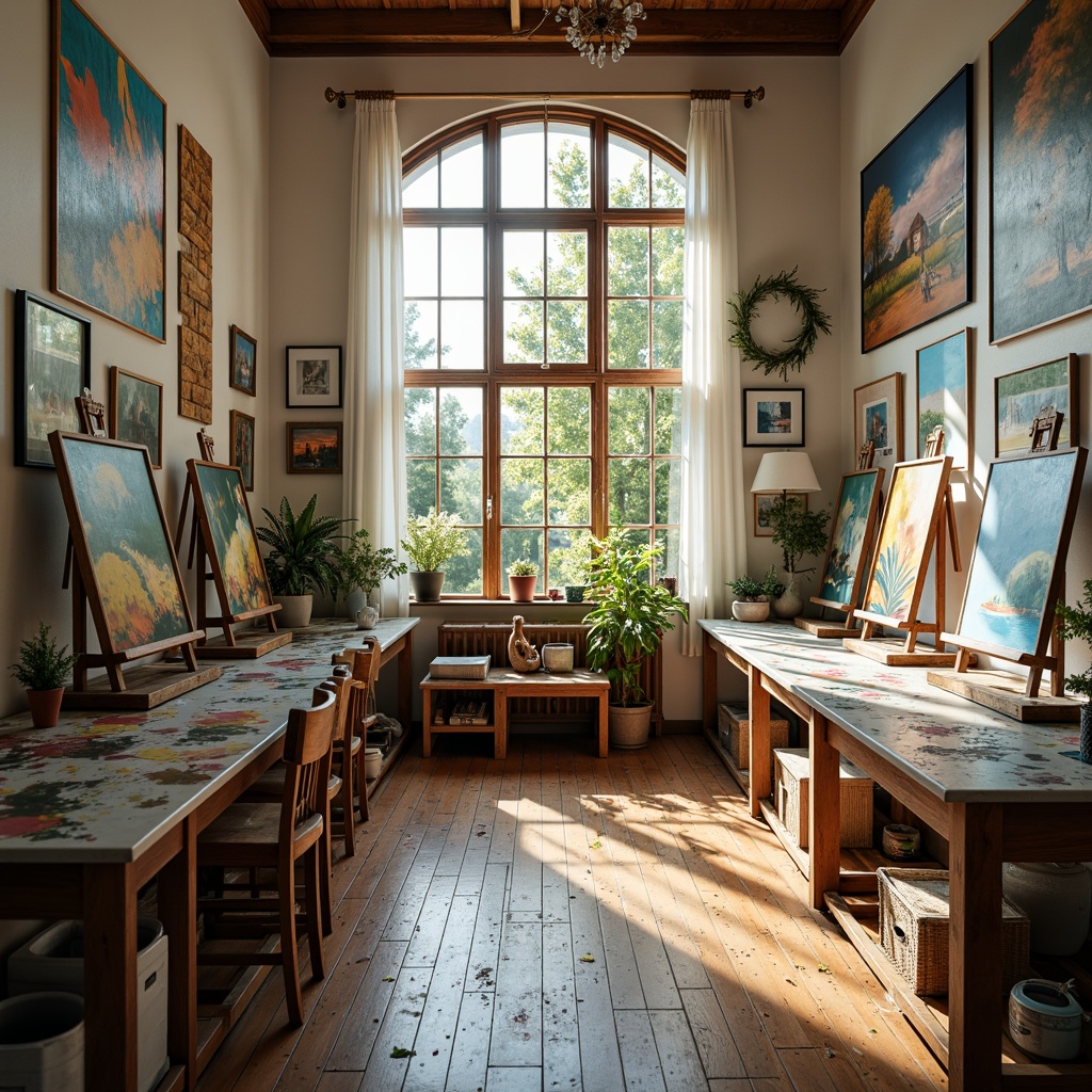 Prompt: Vibrant art studio, natural light pouring in, wooden floors, easels, paint-splattered tables, colorful canvases, inspiring artwork, soft warm lighting, 3/4 composition, intimate atmosphere, pastel colors, earthy tones, soothing blue hues, creamy whites, rich browns, golden accents, subtle texture overlays, artistic freedom, creative expression.