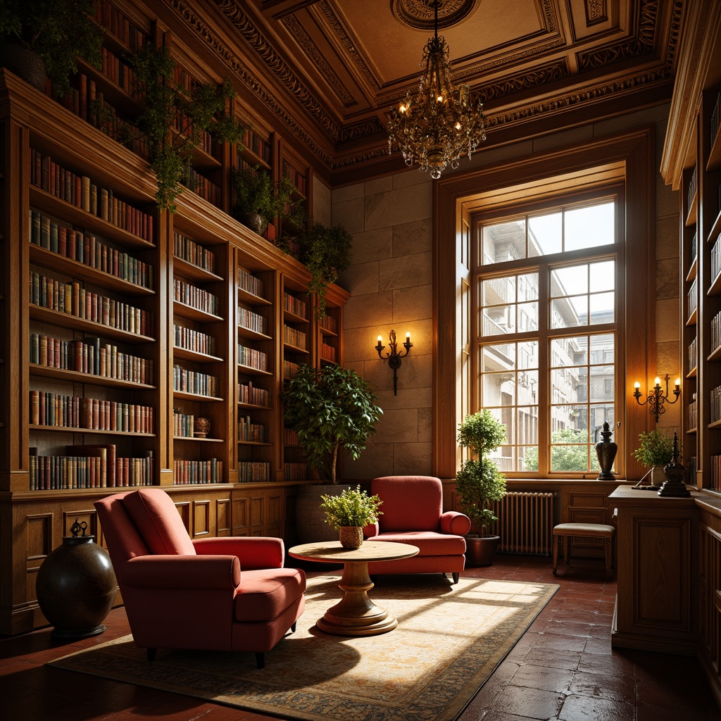 Prompt: Warm golden lighting, rich wood tones, ornate wooden shelves, leather-bound books, vintage bookcases, intricate carvings, classic typography, distressed stone walls, ornamental chandeliers, cozy reading nooks, plush velvet armchairs, earthy terracotta flooring, warm beige walls, soft candlelight, shallow depth of field, 1/1 composition, realistic textures, ambient occlusion.