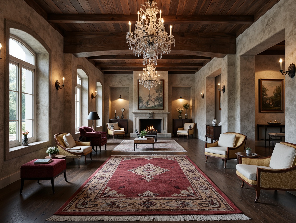 Prompt: Luxurious modern interior, reclaimed wooden floors, distressed stone walls, ornate antique furnishings, vintage decorative accents, rich velvet textiles, intricately patterned rugs, elegant crystal chandeliers, sophisticated neutral color palette, subtle warm lighting, shallow depth of field, 3/4 composition, realistic textures, ambient occlusion.