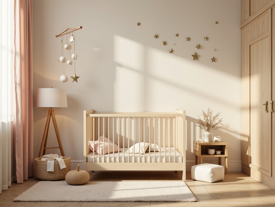 Prompt: Whimsical nursery, soft pastel colors, warm beige walls, creamy white furniture, delicate mobiles, gentle crib lighting, table lamps with rounded shapes, fabric shades in pale hues, string lights with tiny stars, natural wood accents, subtle texture contrasts, cozy reading nook, plush area rug, soothing color palette, calm atmosphere, 1/1 composition, softbox lighting, warm glow, ambient shadows.