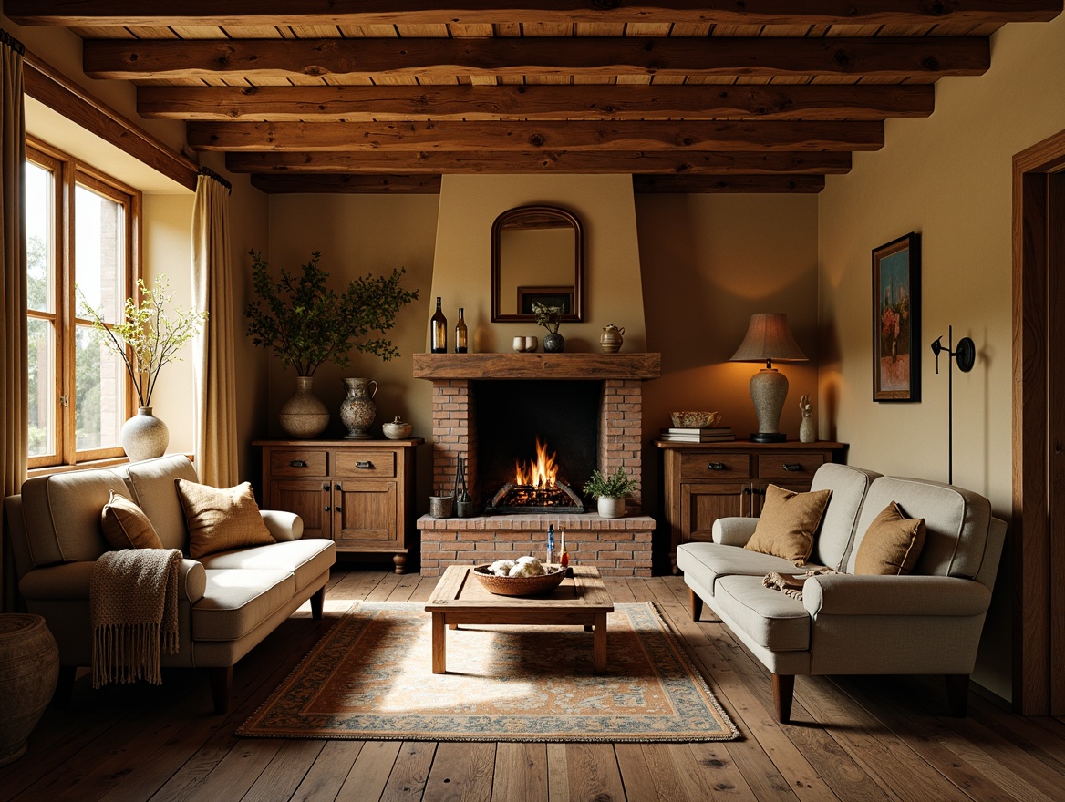 Prompt: Cozy vernacular living room, warm earthy tones, rustic wooden furniture, plush throw blankets, natural woven textiles, vintage decorative accents, distressed wood flooring, brick fireplace, soft warm lighting, shallow depth of field, 1/2 composition, intimate atmosphere, traditional craftsmanship, earthy color palette, organic shapes, natural materials, nostalgic ambiance.