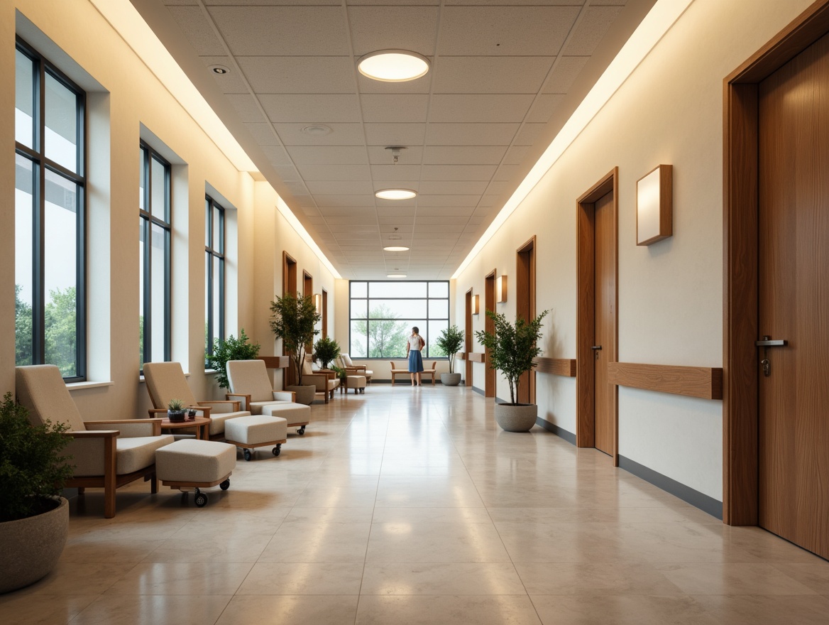 Prompt: Sterile hospital corridors, soft warm lighting, calming color schemes, acoustic ceiling tiles, durable floorings, easy-to-clean surfaces, infection control coatings, ergonomic furniture, comfortable patient rooms, natural wood accents, subtle texture variations, minimalist design, ample natural light, exterior greenery views, peaceful atmosphere, reduced noise levels, 1/1 composition, soft focus, warm color temperatures.