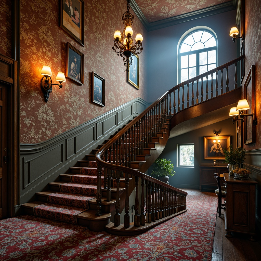 Prompt: Whimsical eclectic staircase, ornate metal stair railings, distressed wood banisters, vintage bronze newel posts, rustic wooden treads, richly patterned carpets, bold colorful accent walls, lavish crystal chandeliers, soft warm lighting, atmospheric fog effect, cinematic composition, dramatic camera angles, intricate textures, subtle depth of field.