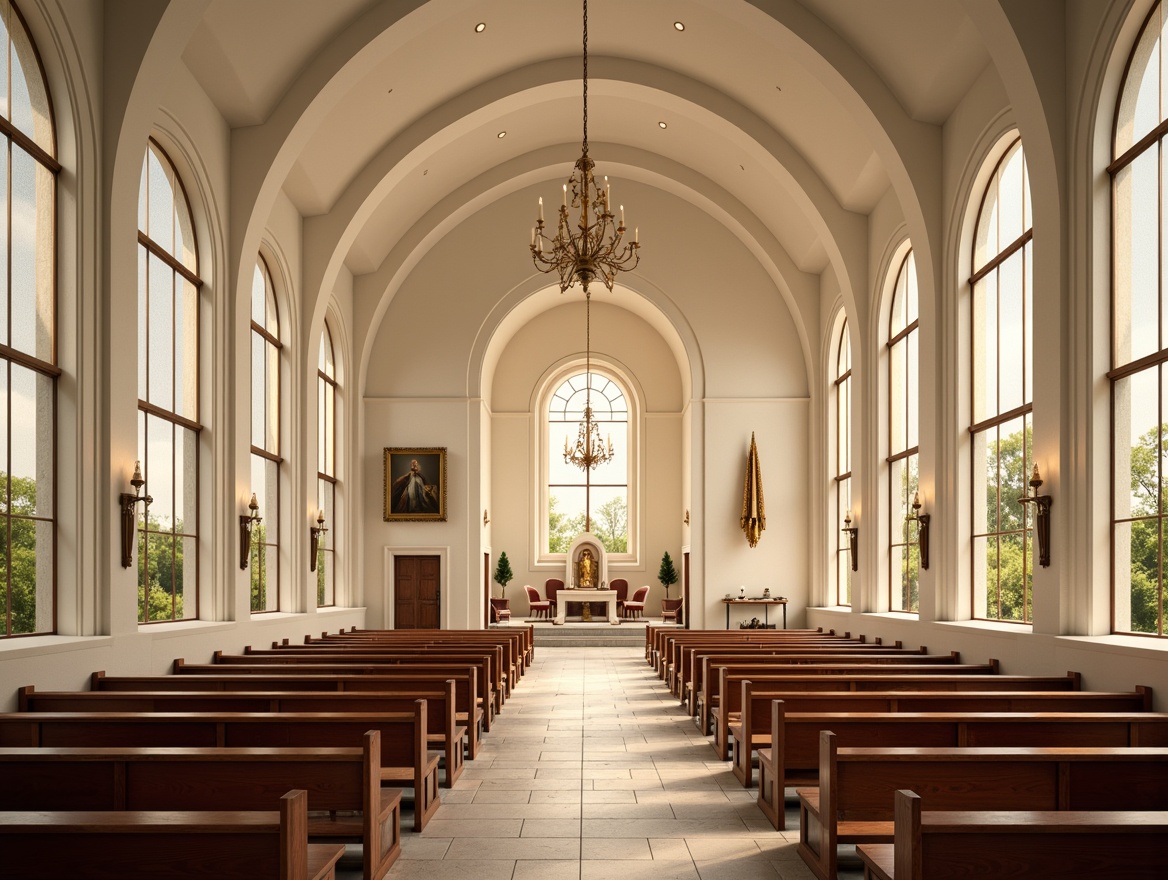 Prompt: Minimalist church interior, sleek lines, curved arches, stained glass windows, warm natural light, polished wooden pews, elegant altar, intricate stone carvings, subtle ornate details, cream-colored walls, rich wood tones, luxurious velvet fabrics, golden accents, ornate chandeliers, soft warm lighting, shallow depth of field, 3/4 composition, panoramic view, realistic textures, ambient occlusion.