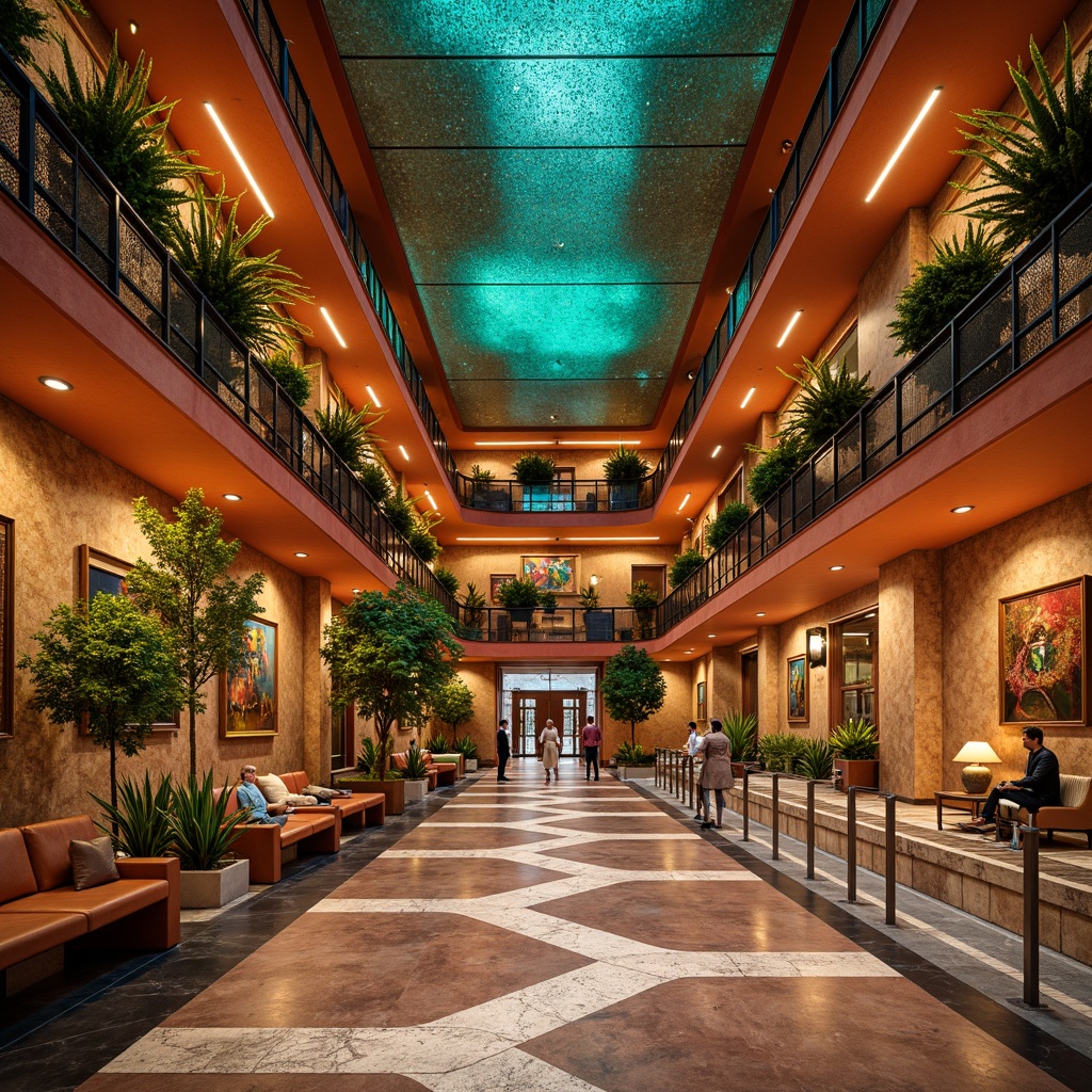 Prompt: Vibrant cultural center, eclectic art pieces, rich wood accents, earthy terracotta tones, bold turquoise hues, warm golden lighting, textured stone walls, intricate patterns, ornate architectural details, grand staircase, spacious open floor plan, natural materials, earth-inspired colors, subtle gradient effects, soft shadowing, realistic renderings, atmospheric perspective, 3/4 composition, panoramic view.