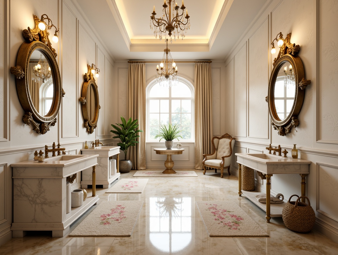 Prompt: Elegant powder room, luxurious marble countertops, ornate gold fixtures, soft warm lighting, delicate floral patterns, creamy white walls, plush area rugs, freestanding vanities, decorative mirrors, crystal chandeliers, lavish velvet drapes, subtle aromas, calming ambiance, shallow depth of field, 1/2 composition, realistic textures, ambient occlusion.