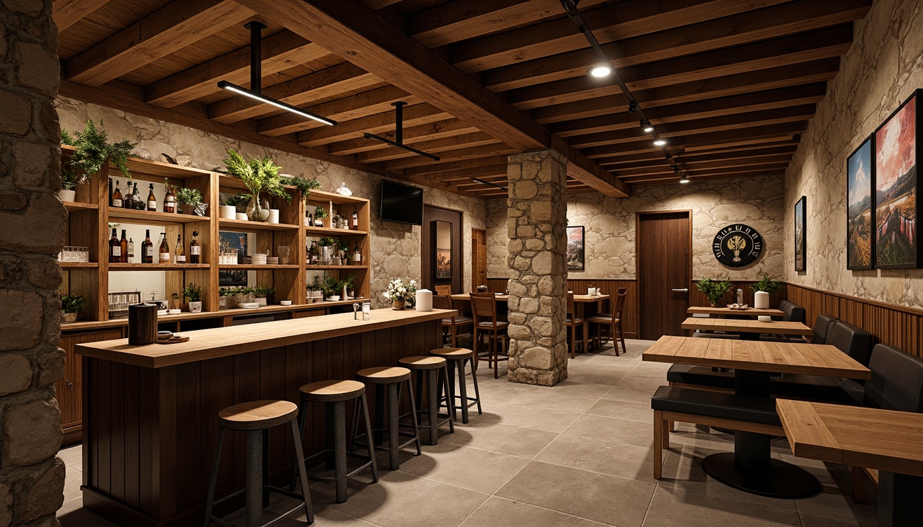 Prompt: Rustic bar interior, natural stone walls, earthy color palette, wooden accents, dim warm lighting, cozy atmosphere, stone-clad columns, rough-hewn textures, industrial metal stools, reclaimed wood shelves, vintage decor, intimate seating areas, soft background music, 1/1 composition, shallow depth of field, realistic rendering.