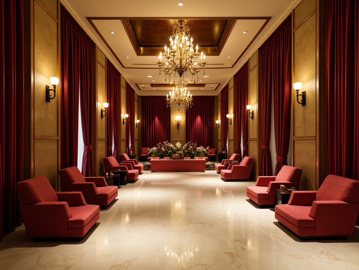 Prompt: Rich velvet curtains, golden accents, warm beige walls, soft cream flooring, elegant chandeliers, luxurious red seats, sophisticated dark wood paneling, subtle bronze metalwork, dramatic spotlights, warm golden lighting, shallow depth of field, 2/3 composition, realistic textures, ambient occlusion.