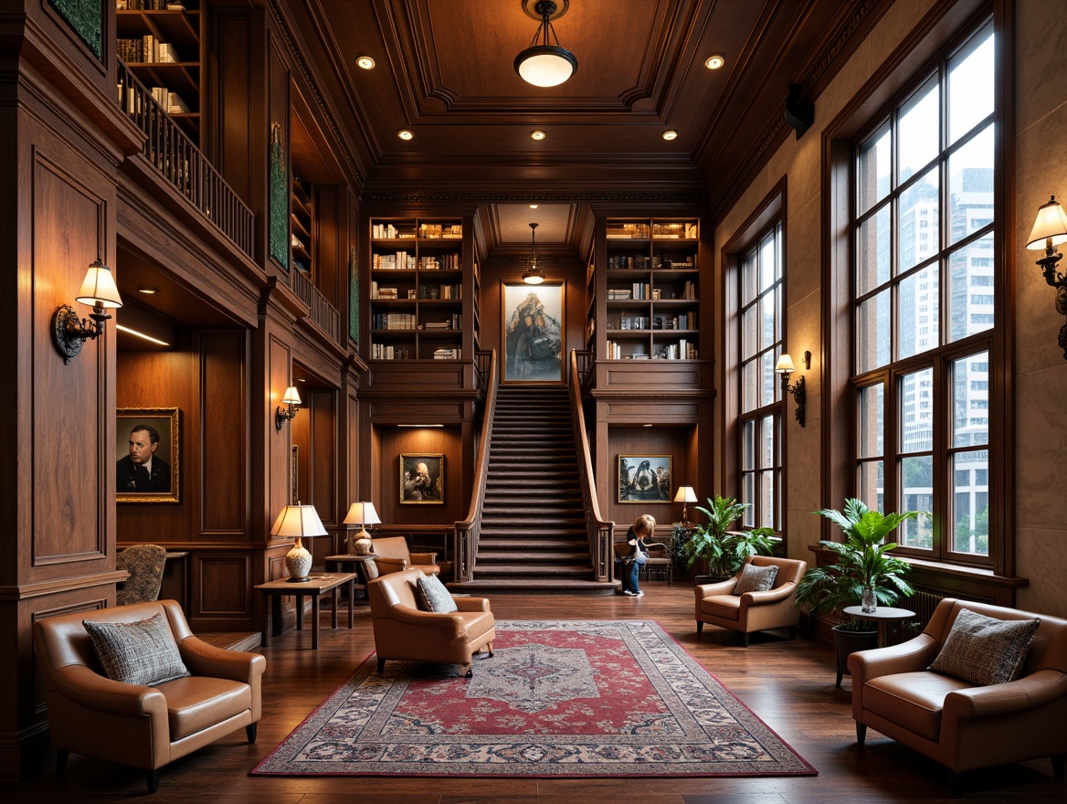 Prompt: Elegant library interior, rich wood tones, ornate moldings, luxurious fabrics, tufted leather armchairs, bronze metal fixtures, intricate patterned rugs, floor-to-ceiling bookshelves, warm ambient lighting, soft glow reading lamps, comfortable reading nooks, natural stone walls, grand staircase, sophisticated color palette, classic architectural details, high ceilings, large windows, urban city views, subtle textures, realistic reflections, 1/1 composition, shallow depth of field.