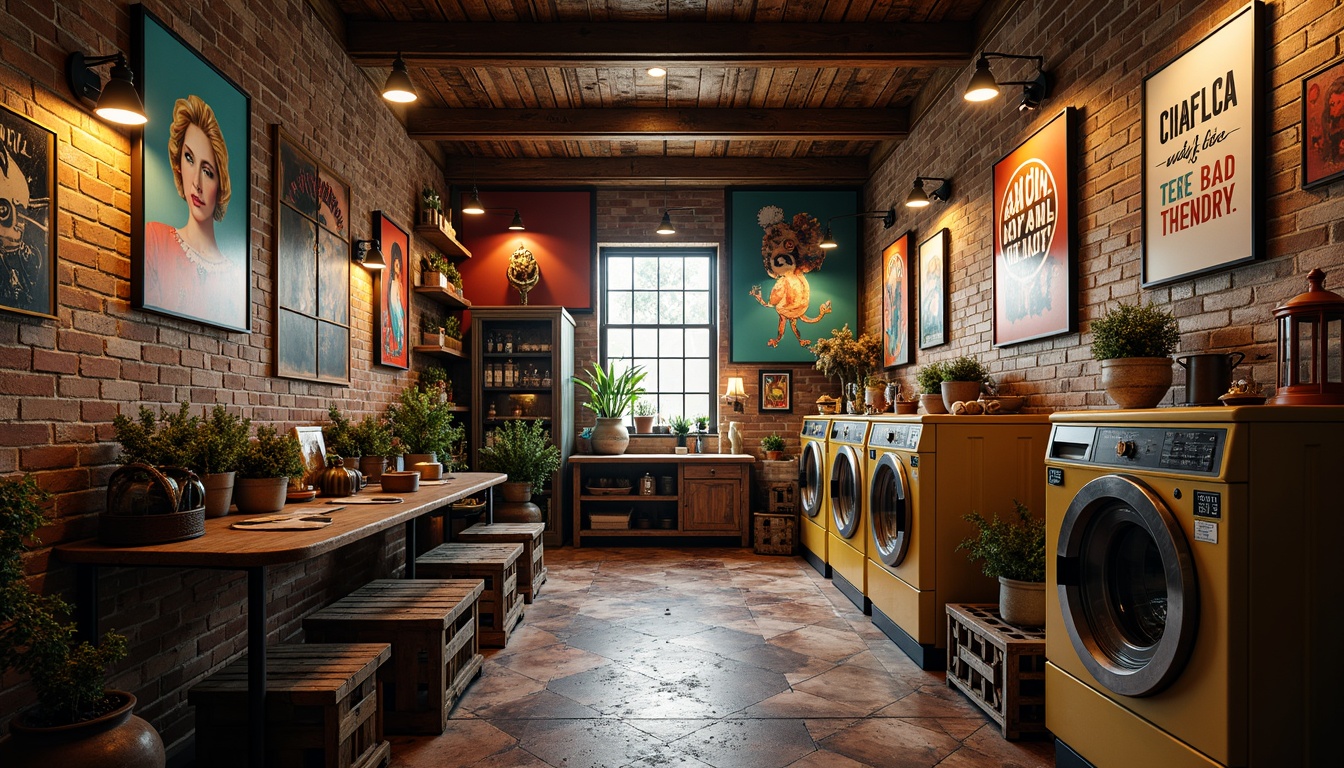 Prompt: Vibrant laundry room, Expressionist architecture, bold color palette, eclectic patterns, ornate ironwork, distressed textures, warm softbox lighting, dramatic spotlights, moody shadows, abstract art pieces, industrial machinery, vintage washing machines, rustic wooden crates, decorative metal lanterns, distressed brick walls, ornate plaster ceilings, whimsical murals, playful typography, 1/1 composition, cinematic atmosphere, high contrast ratio, shallow depth of field.