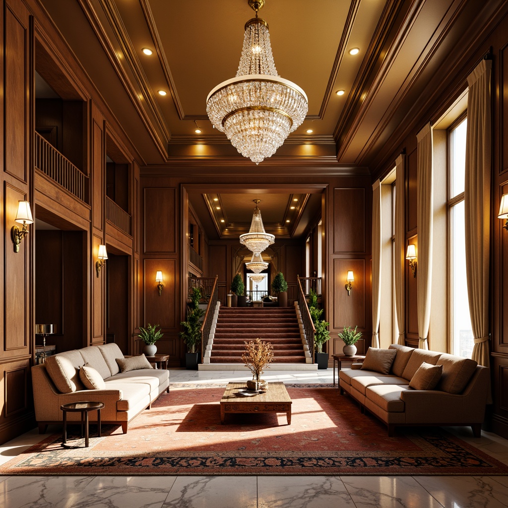 Prompt: Elegant neoclassical interior, ornate furnishings, rich velvet fabrics, polished wood accents, crystal chandeliers, warm golden lighting, softbox diffusers, subtle cove lighting, dramatic spotlights, sculptural metal fixtures, opulent drapery, luxurious marble floors, high ceilings, grand staircase, refined color palette, sophisticated ambiance, daylight harvesting, LED tape lights, warm white tones, 1/1 composition, symmetrical framing, shallow depth of field.