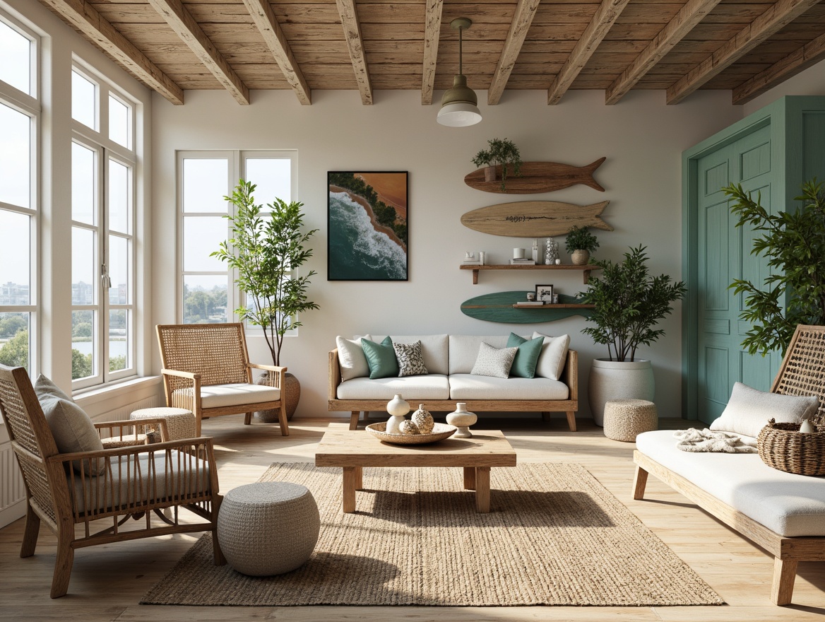 Prompt: Driftwood furniture, nautical accents, ocean-inspired color palette, weathered wood textures, sea salt-tinged glass surfaces, soft blue-green hues, natural fiber rugs, woven wicker chairs, distressed wooden benches, coral-patterned throw pillows, shell-shaped decorative accessories, beachy lighting fixtures, reclaimed wood wall cladding, surfboard-inspired shelving units, laid-back atmosphere, airy open spaces, abundant natural light, coastal-themed artwork, sea breeze-swaying plants, warm beige flooring, 1/1 composition, soft focus photography.