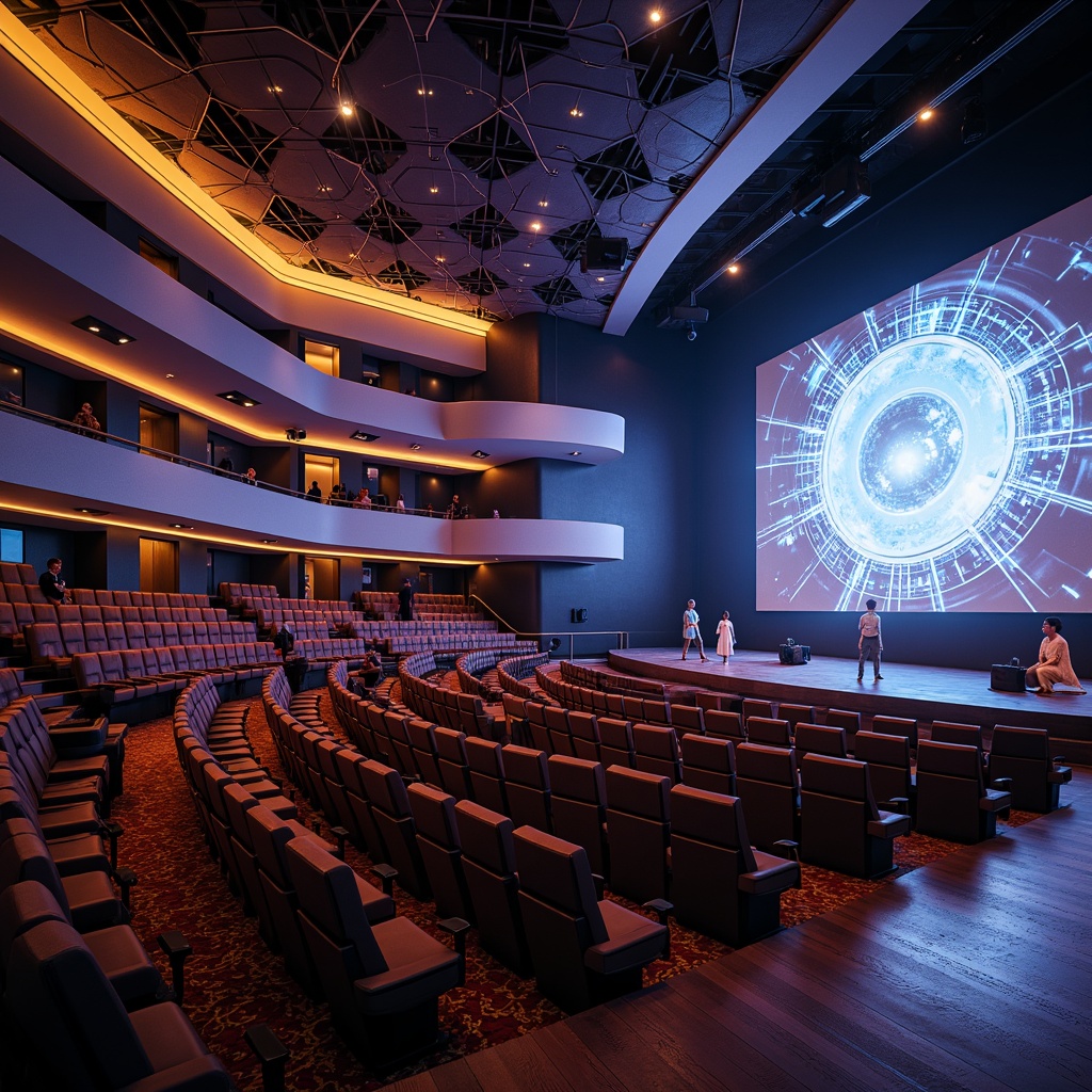 Prompt: Futuristic auditorium, curved rows of seats, sleek metal frameworks, cushioned chairs, vibrant LED lighting, holographic projections, immersive sound systems, minimalist design, angular lines, elevated platforms, panoramic views, 3/4 composition, low-angle shots, dramatic spotlighting, soft warm ambiance, shallow depth of field, realistic textures, ambient occlusion.