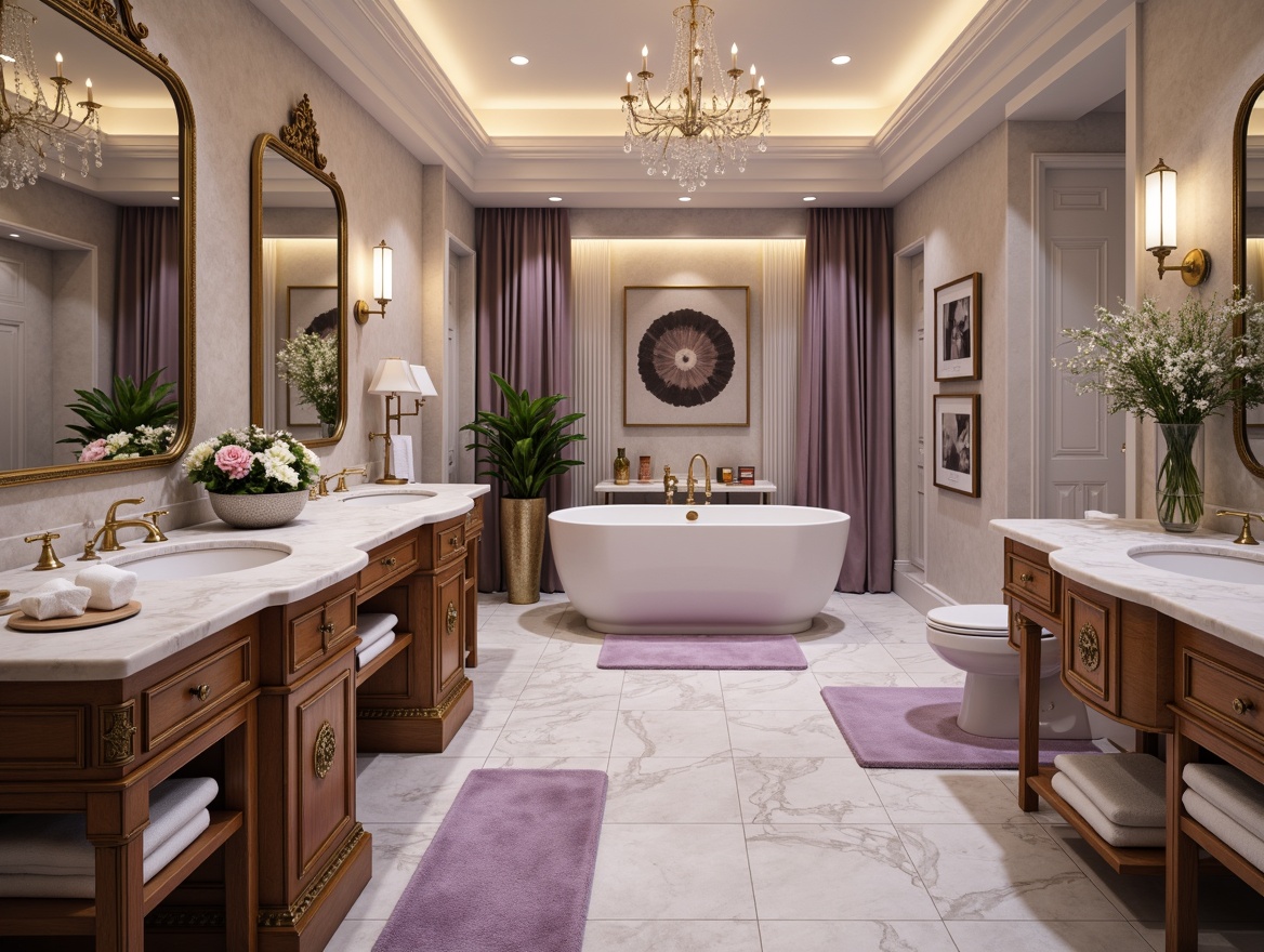 Prompt: Elegant powder room, luxurious marble countertops, ornate gold faucets, soft warm lighting, plush area rugs, delicate flower arrangements, antique vanities, rich wood cabinets, crystal chandeliers, subtle lavender hues, spa-inspired ambiance, freestanding tubs, rainfall showerheads, decorative wall mirrors, fresh greenery, aromatherapy diffusers, calming essential oils, serene atmosphere, shallow depth of field, 3/4 composition, panoramic view.