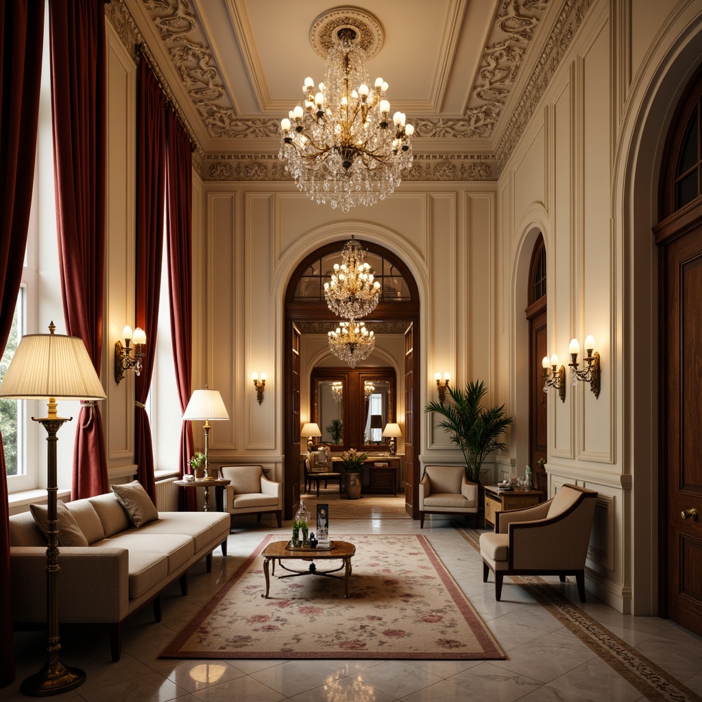 Prompt: Elegant neoclassical interior, ornate moldings, crystal chandeliers, soft warm glow, indirect lighting, floor lamps with linen shades, table lamps with ornate metalwork, wall sconces with frosted glass, subtle ambient illumination, rich velvet drapes, polished marble floors, intricate wood carvings, gilded frames, luxurious fabrics, subtle color palette, high ceilings, ornate ceiling medallions, dramatic archways, warm beige tones, soft focus, shallow depth of field.