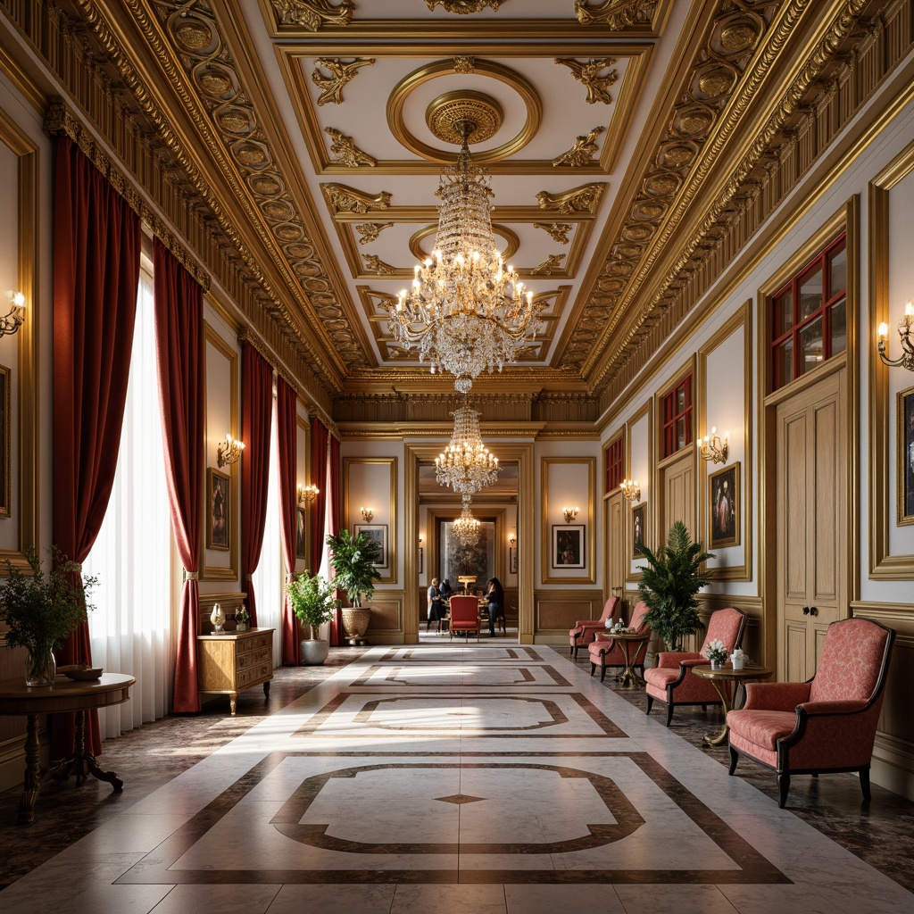 Prompt: Luxurious interior space, ornate ceiling designs, classicism style, intricate moldings, golden accents, crystal chandeliers, marble floors, grandiose proportions, symmetrical compositions, Baroque-inspired patterns, richly textured fabrics, velvet drapes, carved wooden furniture, antique artifacts, soft warm lighting, shallow depth of field, 1/2 composition, realistic textures, ambient occlusion.