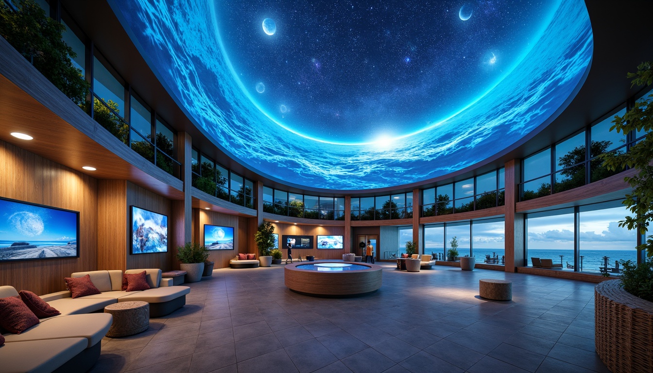 Prompt: Coastal planetarium, ocean-inspired interior, calming blue hues, wavy patterns, natural wood accents, glass roof, starry night sky projection, interactive exhibits, spherical screens, virtual reality experiences, comfy seating areas, floor-to-ceiling windows, ocean-view balconies, beachy textures, driftwood decor, seashell-shaped benches, soft warm lighting, shallow depth of field, 1/1 composition, panoramic view, realistic reflections, ambient occlusion.