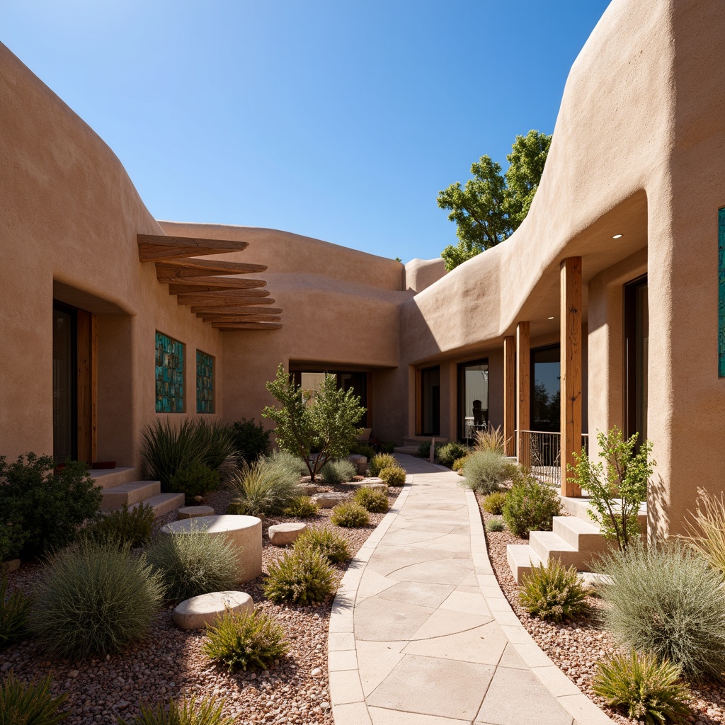 Prompt: Southwestern adobe architecture, earthy brown stucco walls, curved lines, rustic wooden accents, turquoise decorative tiles, arid desert landscape, cacti and succulents, clear blue sky, warm sunny day, natural ventilation systems, operable windows, clerestory windows, solar-powered fans, evaporative cooling systems, shaded outdoor spaces, misting systems, ornate metalwork, vibrant colorful textiles, geometric patterns inspired by Native American art, rustic wooden beams, earthy color palette, organic forms, sustainable building materials.