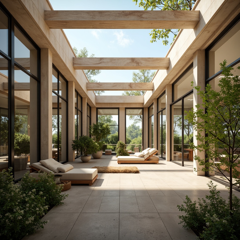 Prompt: Spacious open-plan interior, large windows, sliding glass doors, clerestory windows, skylights, transparent roofs, mirrored walls, reflective surfaces, minimal obstructions, airy atmosphere, soft warm lighting, natural textures, earthy color palette, lush greenery, blooming plants, wooden accents, modern minimalist decor, 1/1 composition, shallow depth of field, realistic rendering.