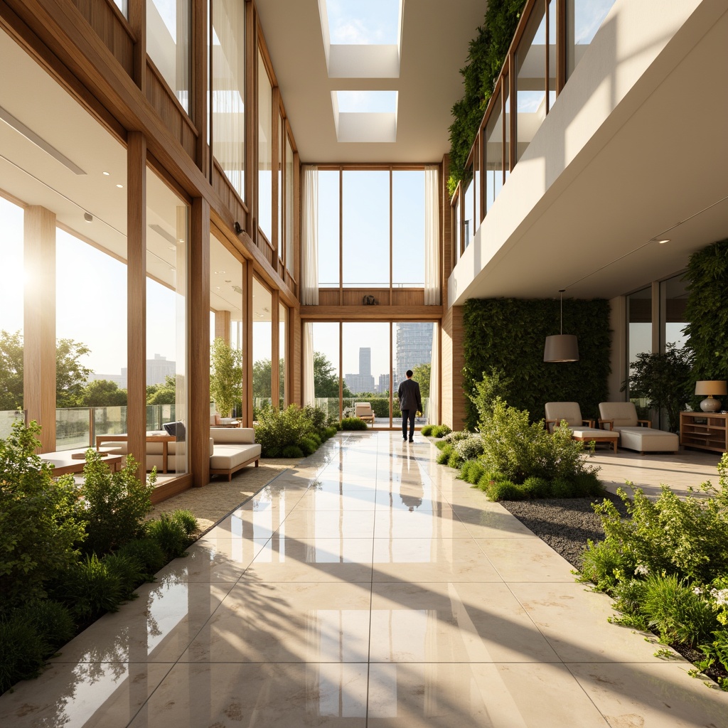 Prompt: Vibrant interior spaces, abundant natural light, floor-to-ceiling windows, sliding glass doors, reflective surfaces, polished marble floors, bright color schemes, airy open-plan layouts, minimalist decor, sheer curtains, skylights, clerestory windows, solar tubes, LED lighting accents, warm beige tones, organic textures, lush greenery, living walls, vertical gardens, urban oasis, cityscape views, morning sunlight, soft warm glow, high contrast ratio, 1/1 composition, realistic rendering.