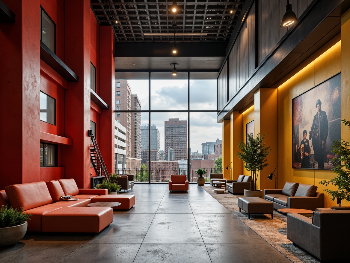 Prompt: Industrial-chic hotel lobby, bold primary colors, geometric patterns, rectangular shapes, steel beams, concrete floors, minimalist decor, functional lighting, brutalist architecture, urban cityscape, cloudy day, dramatic shadows, high-contrast photography, 1/2 composition, symmetrical framing, warm color grading, realistic textures, ambient occlusion.Please let me know if this meets your requirements or if you need further adjustments!