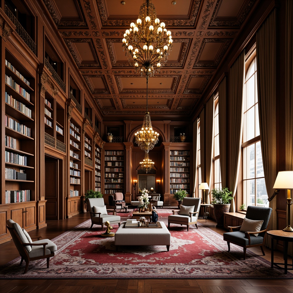 Prompt: Elegant library interior, rich wood tones, ornate moldings, grand chandeliers, plush area rugs, comfortable reading nooks, floor-to-ceiling bookshelves, vintage book collections, sophisticated color palette, intricate ceiling details, statement lighting fixtures, sculptural furniture pieces, luxurious textiles, subtle metallic accents, dramatic drapery, warm atmospheric lighting, 1/1 composition, symmetrical framing, high-contrast rendering, realistic material textures.