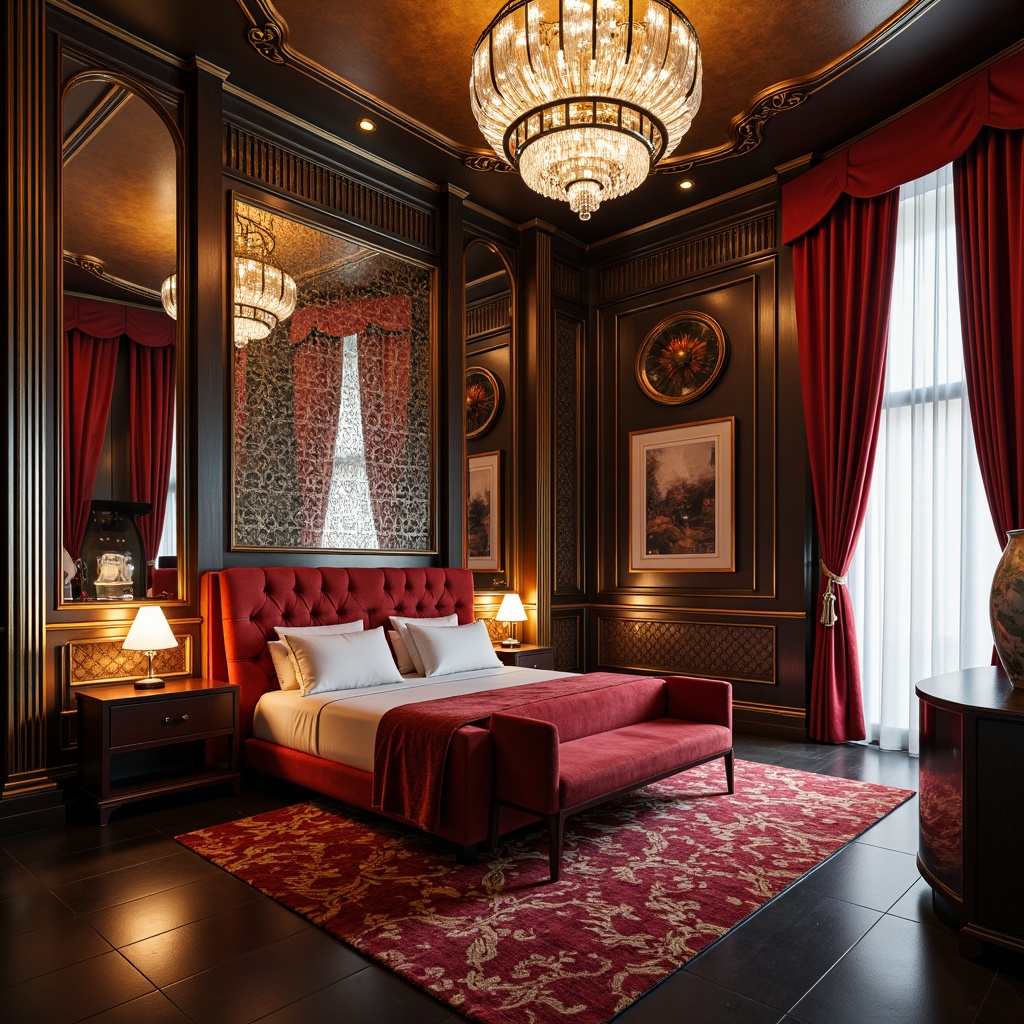 Prompt: Luxurious Art Deco bedroom, rich velvet fabrics, metallic accents, geometric patterns, ornate mirrors, crystal chandeliers, low-profile beds, tufted headboards, sleek nightstands, curved lines, bold colors, opulent textiles, lavish drapery, soft warm lighting, shallow depth of field, 1/1 composition, realistic reflections, ambient occlusion.