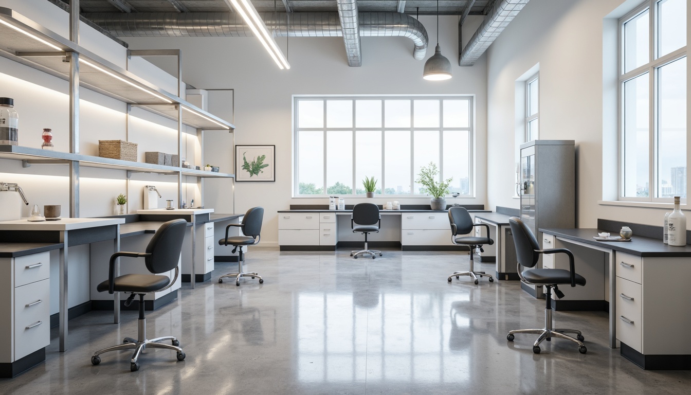 Prompt: Lab equipment, minimalist workstations, ergonomic chairs, sleek metal tables, compact storage units, simple shelving systems, industrial-style lighting fixtures, polished concrete floors, white walls, clean lines, functional simplicity, 3/4 composition, shallow depth of field, soft natural light, subtle shadows, realistic textures, ambient occlusion.