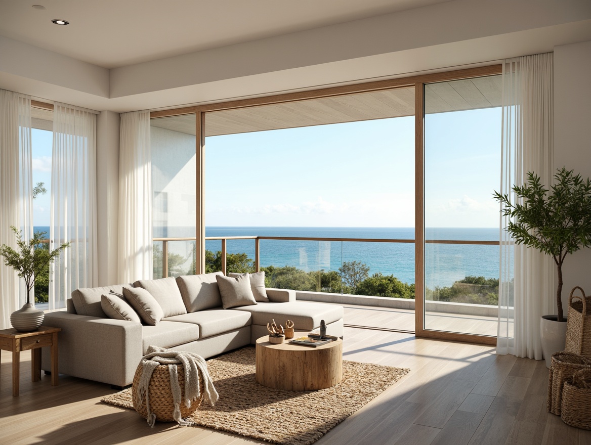 Prompt: Coastal living room, ocean views, large windows, sliding glass doors, white sheer curtains, light wood flooring, beachy vibe, natural textiles, woven fibers, jute rugs, driftwood decor, sea-inspired accents, calming color palette, soft warm lighting, shallow depth of field, 1/1 composition, realistic textures, ambient occlusion.