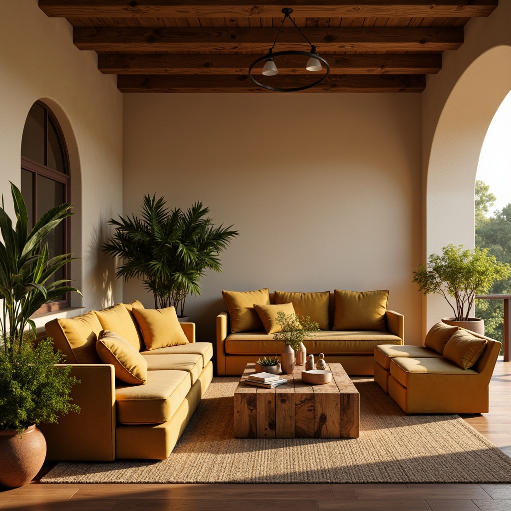 Prompt: Cozy living room, warm beige walls, plush velvet sofas, rustic wooden coffee tables, soft golden lighting, table lamps, floor lamps, pendant lights, natural fiber rugs, earthy terracotta vases, lush green plants, calming atmosphere, warm sunset hues, gentle shadows, 1/2 composition, realistic textures, ambient occlusion.