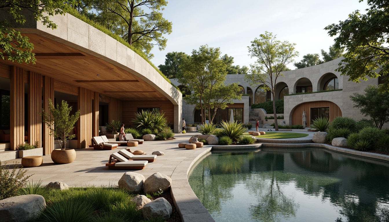 Prompt: Organic modern architecture, curved lines, natural stone walls, reclaimed wood accents, living green roofs, lush vegetation, serene water features, minimalist decor, earthy color palette, warm ambient lighting, shallow depth of field, 1/2 composition, panoramic view, realistic textures, soft focus.