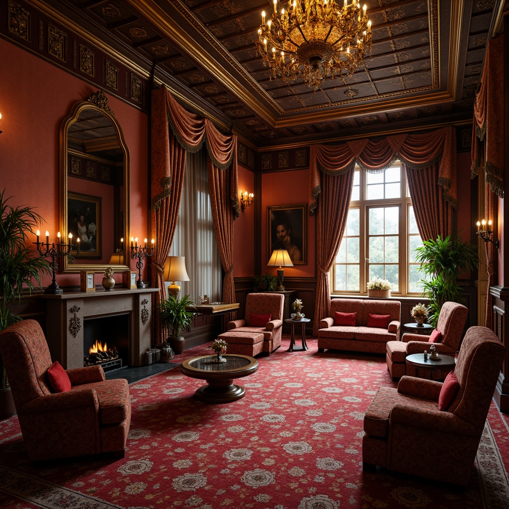 Prompt: Richly ornamented interior, opulent furniture, lavish fabrics, jewel-toned walls, velvety soft carpets, metallic accents, crystal chandeliers, ornate mirrors, subtle gradient effects, warm ambient lighting, 3/4 composition, shallow depth of field, realistic textures, ambient occlusion.