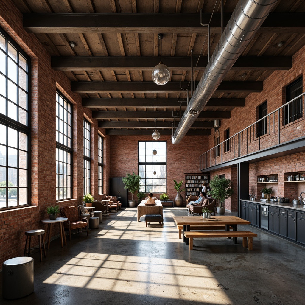 Prompt: Exposed brick walls, industrial metal beams, reclaimed wood accents, polished chrome fixtures, Edison bulb lighting, urban loft atmosphere, modern minimalist decor, distressed concrete floors, metallic silver tones, copper piping details, brutalist architecture, functional industrial design, high ceilings, open floor plan, natural light pouring in, warm ambiance, shallow depth of field, 3/4 composition, realistic textures.