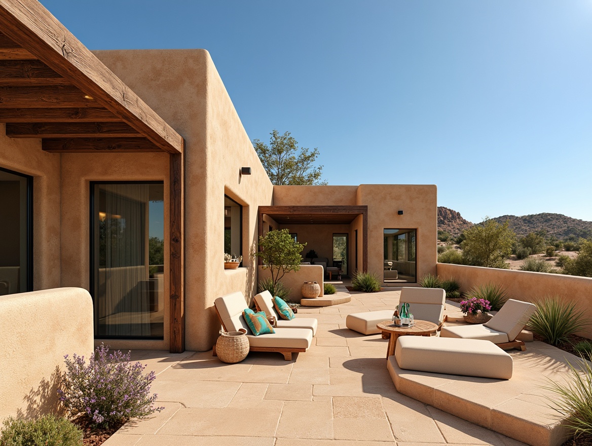 Prompt: Adobe earth tones, natural stone walls, wooden beams, rustic metal accents, curved lines, stucco finishes, clay tile roofs, vibrant turquoise accents, desert flora, cacti, succulents, warm sandy dunes, clear blue skies, vast open spaces, Pueblo-inspired architecture, Native American patterns, geometric motifs, earthy color palette, organic textures, shallow depth of field, 1/2 composition, soft warm lighting.