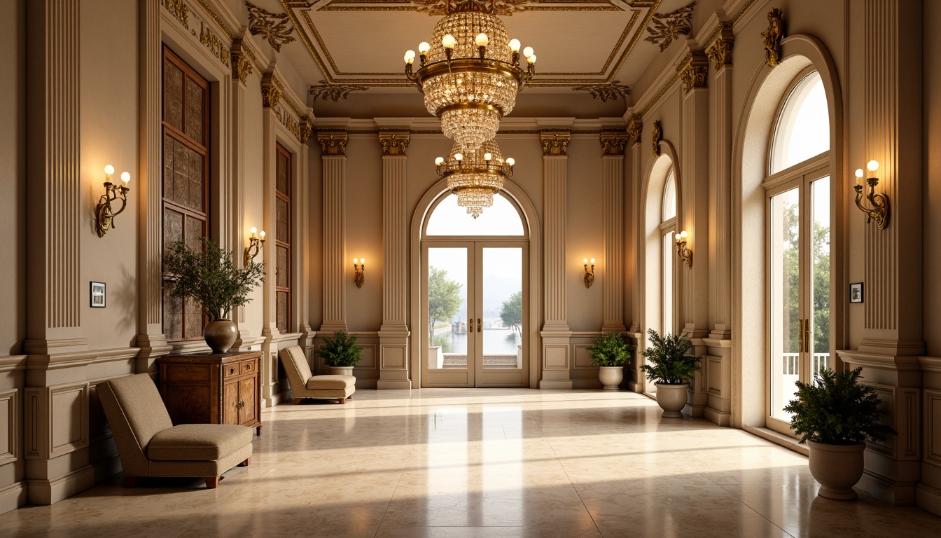 Prompt: Elegant neoclassical interior, ornate chandeliers, soft warm lighting, creamy marble floors, grandiose columns, intricate moldings, luxurious fabrics, rich wood tones, crystal sconces, ambient glow, dramatic ceiling heights, symmetrical composition, 1/1 aspect ratio, natural daylight pouring in, subtle shadowing, realistic textures, detailed ornate patterns.