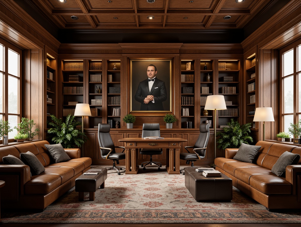 Prompt: Rustic wooden desks, vintage leather armchairs, classic bookshelves, elegant floor lamps, rich brown wood tones, luxurious velvet sofas, ornate metal frames, sophisticated conference tables, refined ergonomic chairs, academic-inspired artwork, traditional library atmosphere, warm golden lighting, soft natural textures, realistic wood grain, 1/1 composition, intimate cozy spaces.