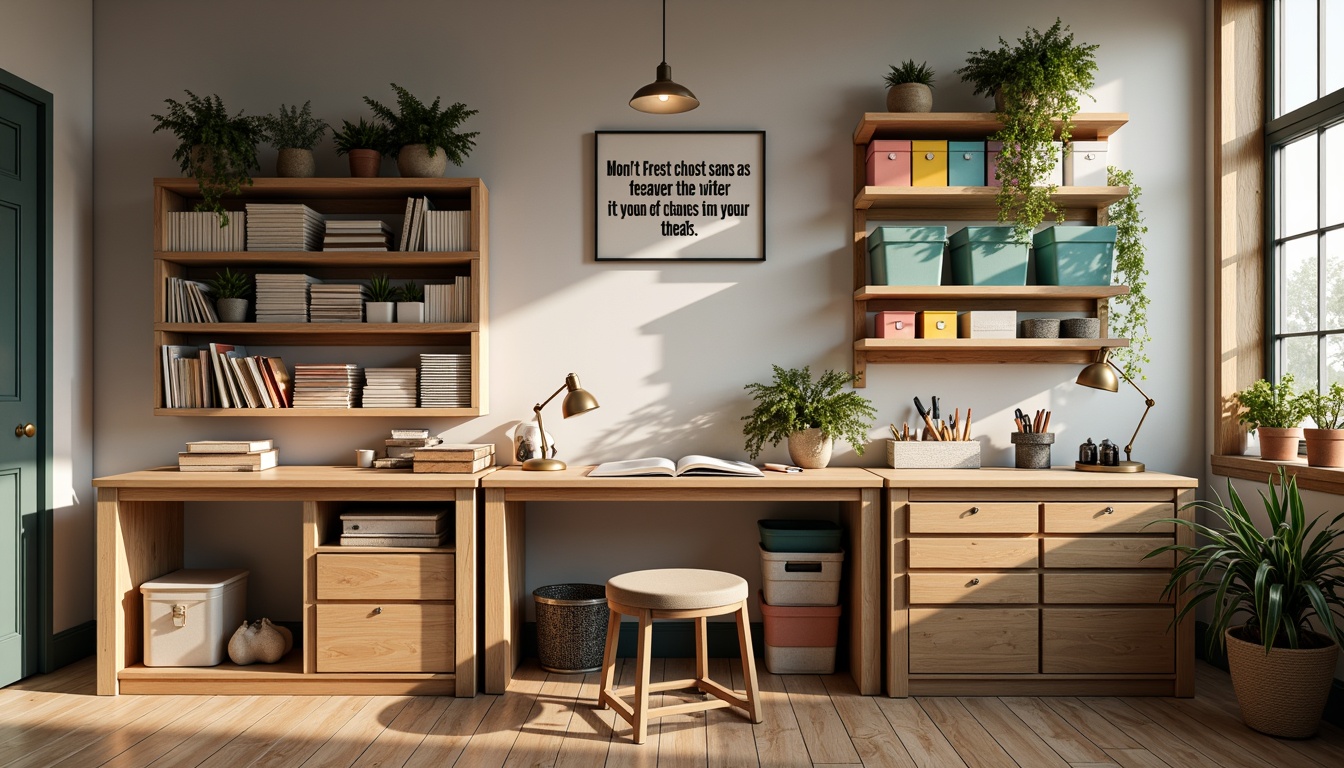 Prompt: Organized craft room, ergonomic workstation, ample storage units, wooden shelves, sliding drawers, labeled containers, colorful bins, adjustable desk lamps, comfortable stool, inspirational quote wall art, natural wood flooring, plenty of natural light, soft warm lighting, shallow depth of field, 1/1 composition, realistic textures, ambient occlusion.