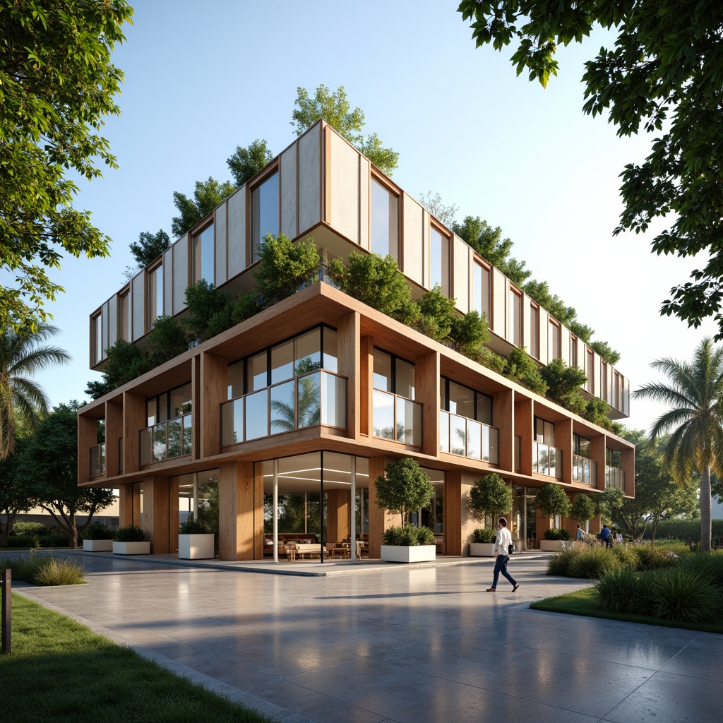 Prompt: Eco-friendly commercial building, reclaimed wood accents, low-carbon concrete foundation, green roof with lush vegetation, solar panels, wind turbines, rainwater harvesting system, natural ventilation, abundant daylight, minimalist interior design, recycled glass surfaces, FSC-certified wooden furniture, energy-efficient LED lighting, soft warm ambiance, shallow depth of field, 1/1 composition, realistic textures, ambient occlusion.