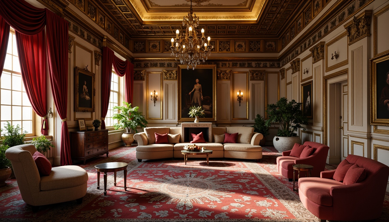 Prompt: Luxurious gold accents, rich jewel tones, opulent velvet textures, ornate furnishings, dramatic lighting, lavish drapery, regal crimson reds, majestic blues, soft creamy whites, warm beige neutrals, intricate patterns, gilded frames, grandiose architecture, high-contrast shadows, 1/1 composition, cinematic lighting, realistic reflections.