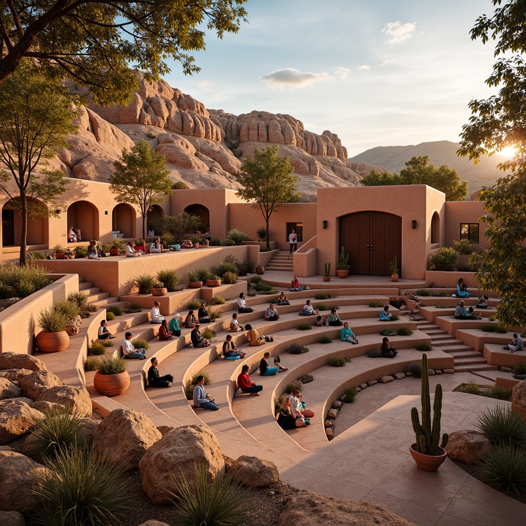 Prompt: Vibrant southwestern amphitheater, adobe-inspired architecture, curved seating areas, earthy tones, sandy textures, turquoise accents, terracotta planters, cactus arrangements, intricate tile work, patterned textiles, woven blankets, natural stone walls, wooden beams, rustic lighting fixtures, warm sunset ambiance, soft shadows, dramatic depth of field, 2/3 composition, cinematic view, realistic rock formations, ambient occlusion.