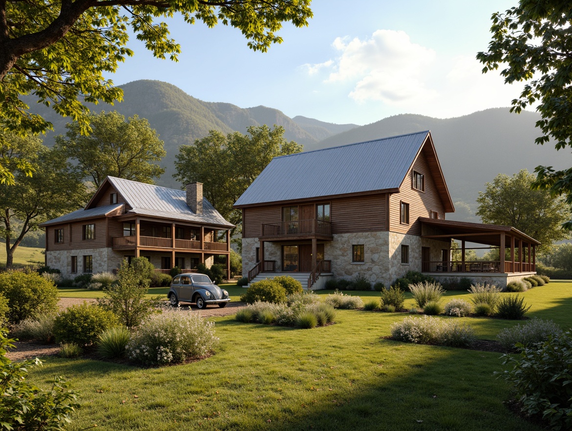 Prompt: Rustic farmhouses, natural stone exteriors, wooden accents, earthy color palette, corrugated metal roofs, distressed wood textures, vintage agricultural equipment, lush greenery surroundings, rolling hills, sunny afternoon, warm soft lighting, shallow depth of field, 3/4 composition, panoramic view, realistic textures, ambient occlusion.