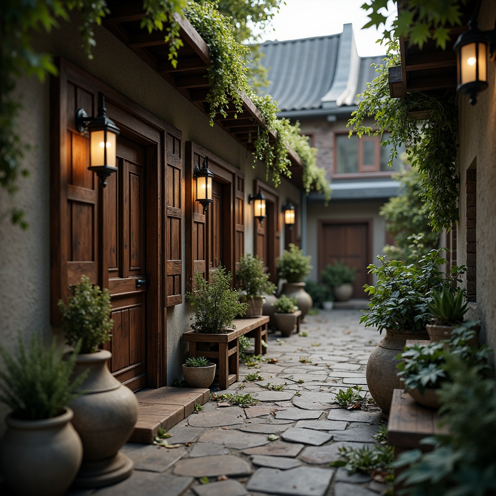 Prompt: Weathered wooden planks, rustic metal accents, vintage distressed finishes, earthy tone color palette, natural stone walls, moss-covered roofs, overgrown vegetation, whimsical lanterns, ornate door handles, aged brick facades, intricate stonework, mysterious alleyways, soft warm lighting, cinematic depth of field, 1/1 composition, atmospheric perspective.