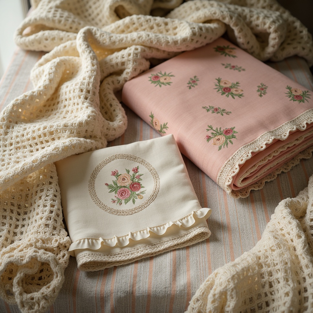 Prompt: Distressed vintage fabrics, soft pastel hues, gentle florals, lace trims, ruffled edges, plush velvet, woven natural fibers, subtle sheen, warm beige tones, rustic linen textures, faded stripes, muted plaids, rose-patterned cotton, ivory-white crochet, antique-inspired embroidery, cozy throw blankets, layered drapery, warm golden lighting, soft focus photography, 1/2 composition, inviting atmosphere.