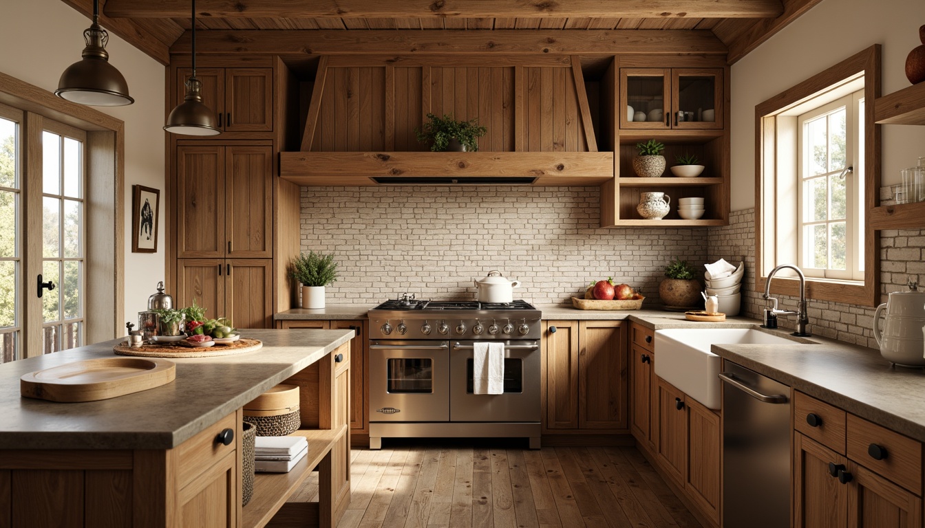 Prompt: Rustic kitchen, craftsman style, wooden cabinetry, earthy tones, natural stone backsplash, subway tiles, herringbone pattern, brick veneer, distressed wood accents, apron-front sink, farmhouse faucet, pendant lighting, warm beige walls, rich wood floors, vintage appliances, cozy breakfast nook, sunny morning light, soft focus, 1/1 composition, realistic textures.