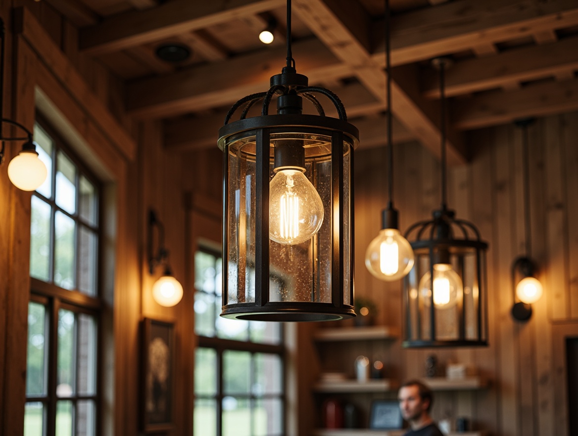 Prompt: Rustic farmhouse, vintage metal lanterns, distressed wood accents, pendant lights with Edison bulbs, wrought iron chandeliers, mason jar fixtures, candle-like lighting, earthy tone finishes, natural textures, wooden beams, exposed brick walls, cozy atmosphere, warm soft lighting, shallow depth of field, 1/1 composition, realistic shadows, ambient occlusion.