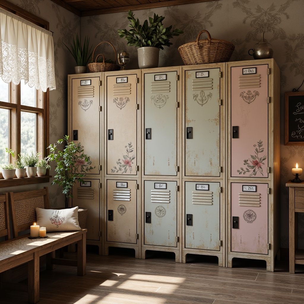 Prompt: Vintage distressed lockers, soft pastel hues, ornate metalwork, distressed wood accents, lace curtains, floral patterns, rustic wooden benches, woven baskets, antique furniture pieces, faded chalkboard signs, natural linen upholstery, warm candlelight, softbox lighting, shallow depth of field, 1/2 composition, romantic warm atmosphere, realistic textures, ambient occlusion.