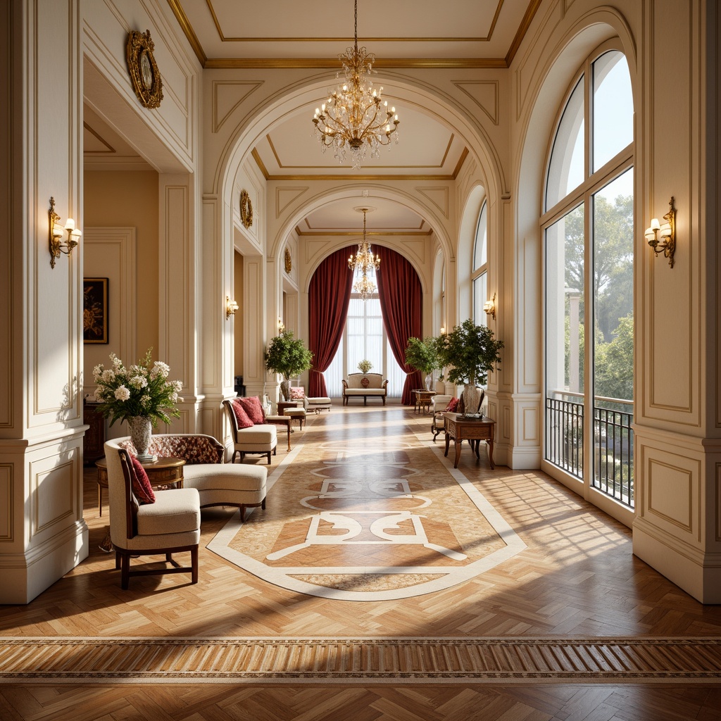 Prompt: Intricate wooden parquetry flooring, ornate inlays, gilded accents, soft beige marble, polished white limestone, delicate floral patterns, lavish velvet rugs, antique furniture legs, curved banisters, crystal chandeliers, opulent drapery, lavish furnishings, pastel color palette, warm candlelight, shallow depth of field, 1/1 composition, realistic textures, ambient occlusion.