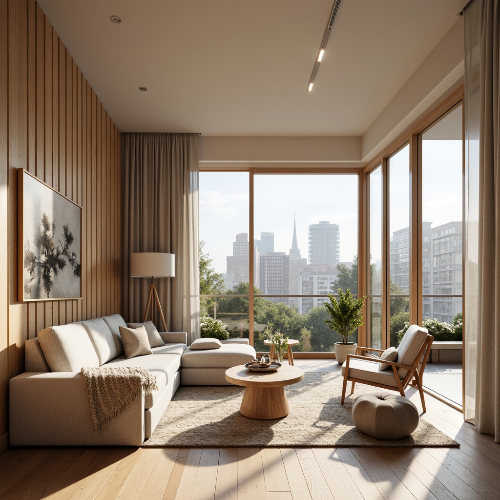 Prompt: Minimalist living room, functional furniture, sleek lines, Nordic aesthetic, wooden accents, natural materials, cozy textiles, pastel colors, soft warm lighting, 3/4 composition, shallow depth of field, realistic wood grain textures, ambient occlusion, floor-to-ceiling windows, sliding glass doors, urban Scandinavian cityscape, morning sunlight, gentle shadows.